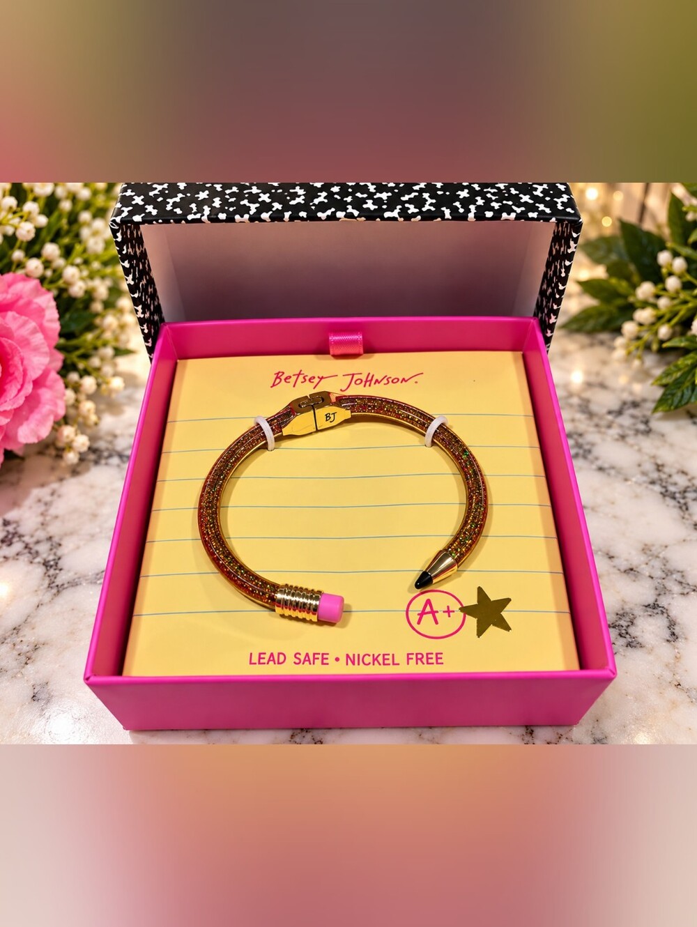 Betsey Johnson Glitter Pencil Bangle Bracelet Gold Pink A+ Star New in Box